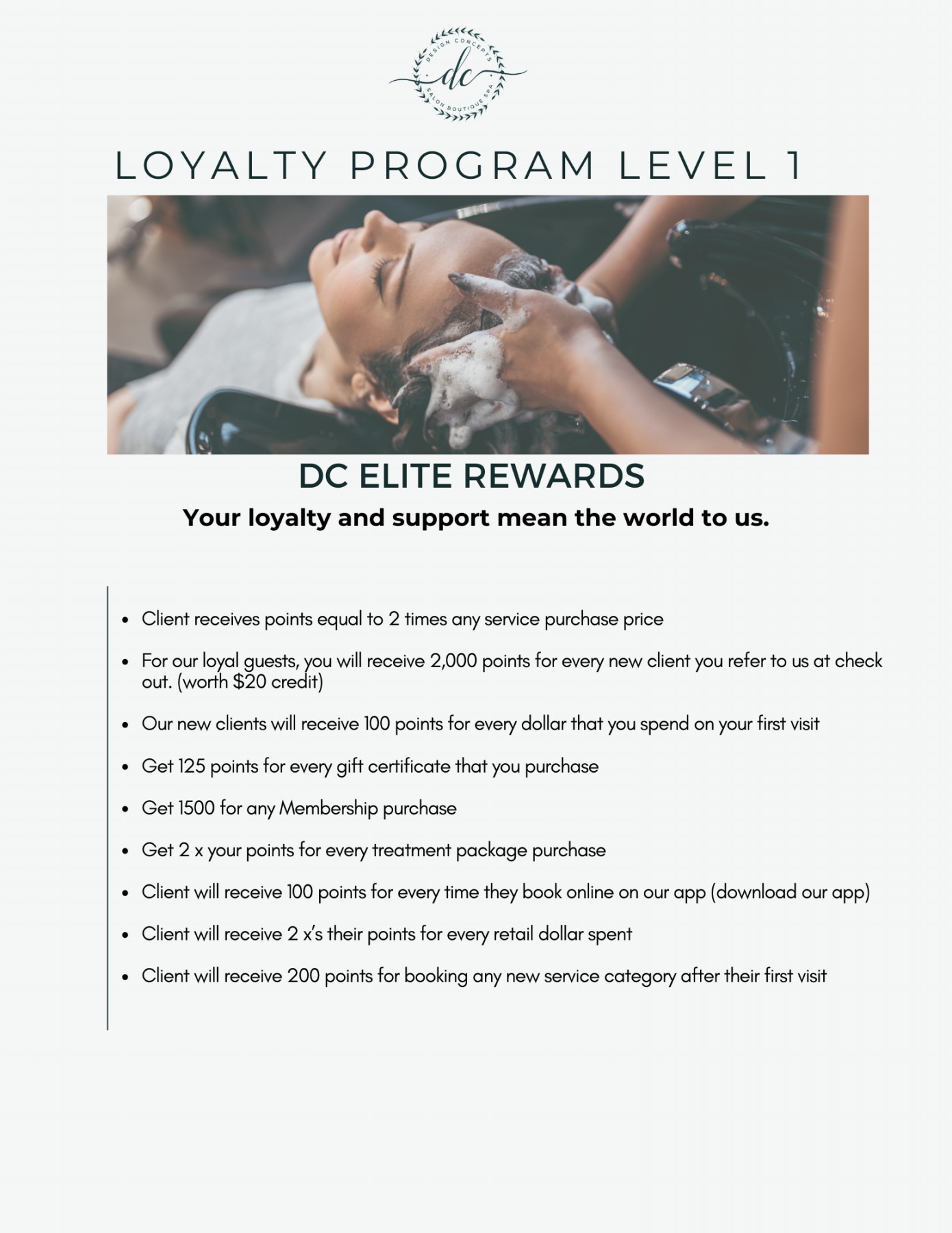 A woman relaxes with eyes closed while a stylist at Design Concepts Spa in Corpus Christi washes her hair. Below the photo, text details the DC Elite Rewards loyalty program benefits and ways clients can earn reward points for services and referrals.