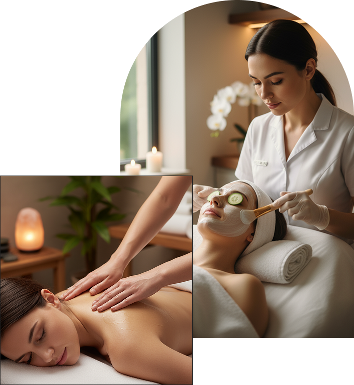 A woman enjoys a relaxing back massage and facial treatment with a mask and cucumber slices at a serene spa. In this calming salon setting, a therapist applies the facial mask while candles, plants, and soothing decor complete the experience.