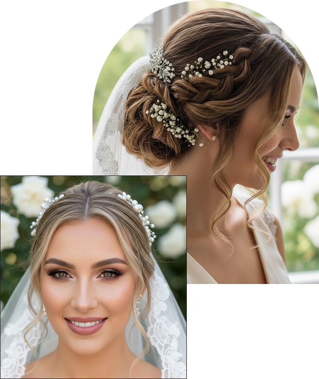 A bride with braided hair in an elegant updo, styled at a Corpus Christi salon, adorned with white flowers and a jeweled hairpiece under a lace veil. One photo shows her smiling face, the other highlights the hairstyle from the side.