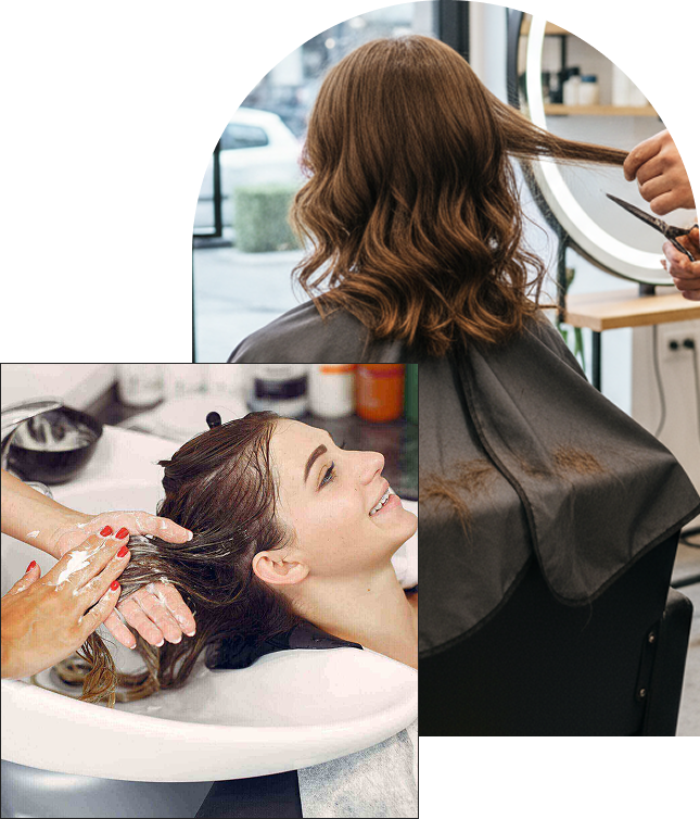 At a Corpus Christi salon, a person enjoys a relaxing hair wash, while another gets their wavy hair trimmed by a stylist. Hair clippings are visible on the cape, capturing thoughtful design concepts in each service.