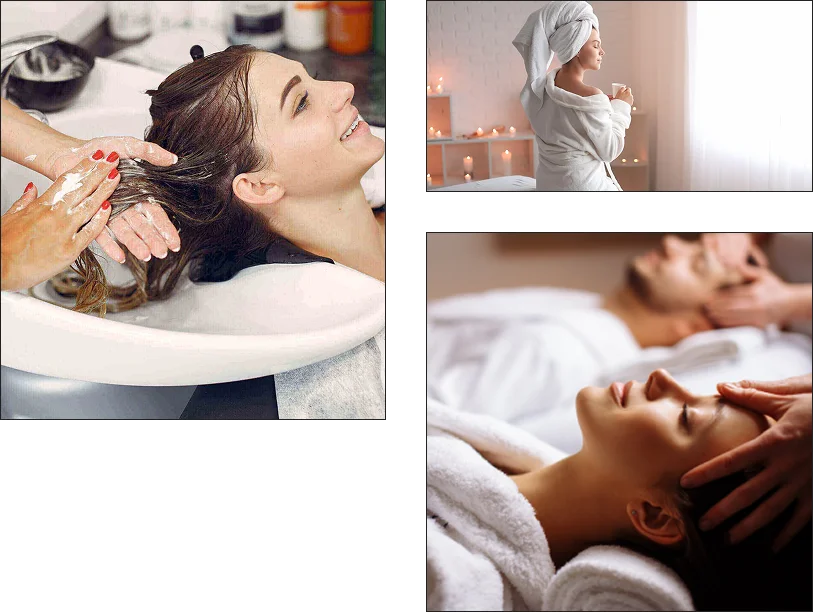Three images: a woman smiling while getting her hair washed at a Corpus Christi salon, a person in a bathrobe drinking tea in a spa room, and someone receiving a facial massage while lying down in a relaxing spa setting.