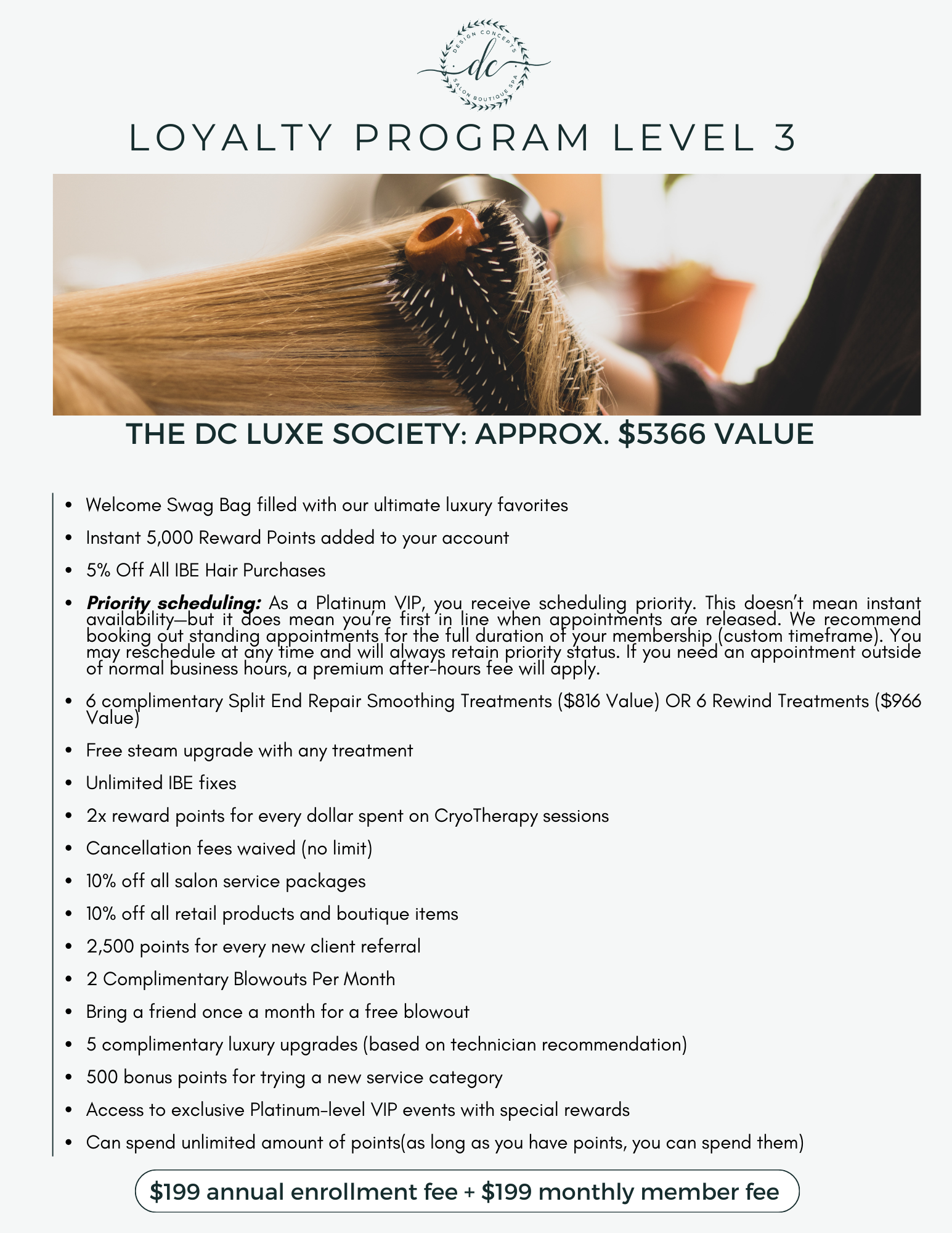 A promotional flyer for DC Luxe Society’s Salon Loyalty Program Level 3, featuring perks like 5% off purchases, scheduling privileges, 6 spa treatments, bonus points, and more—all for $199 signup and $199 monthly fee.